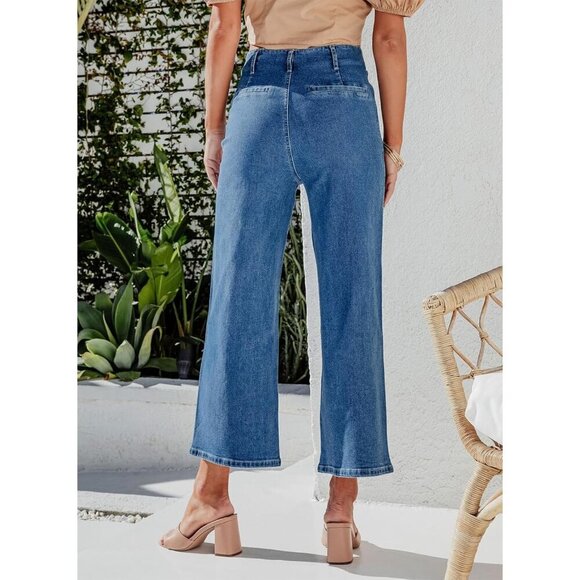 Women's Wide Leg Jeans Stretchy High Waisted Casual Denim Pants with Pockets - Picture 4 of 7